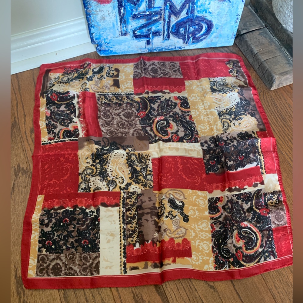 Colorful Paisley Silk Scarf 19.5” Square Foulard Gold Black Red Brown